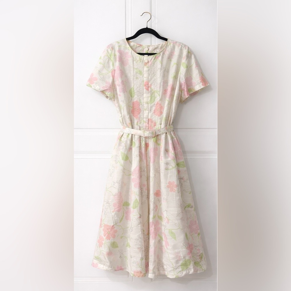 Vintage Jeanne Mode Floral Dress | Belted | Short Sleeve | 1970s | Easter Dress